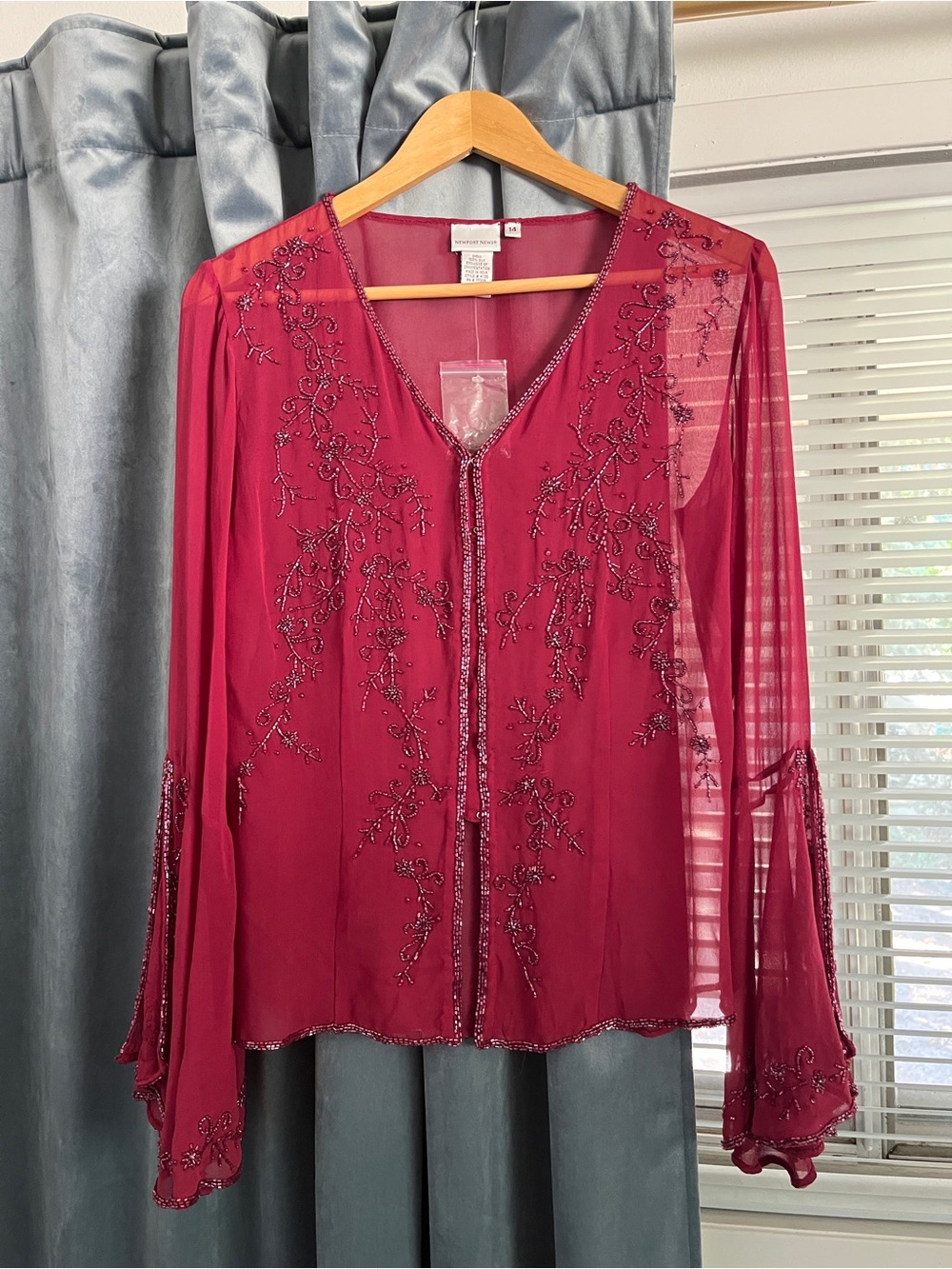 Vintage Newport News Silk Beaded Sheer Top Berry Red Fairy Medieval Whimsigoth